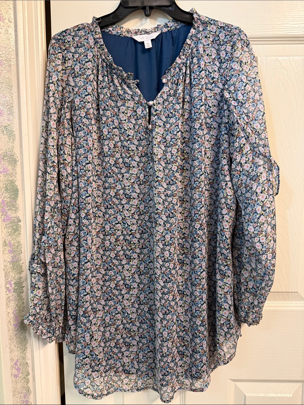 LC Lauren Conrad Blue Floral Ruffle Neck Blouse